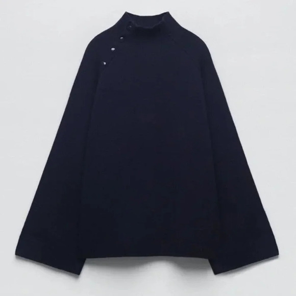 Zara 96% Merino Wool High Buttoned Collar Knit Sweater Navy Blue Size Medium - Picture 1 of 11